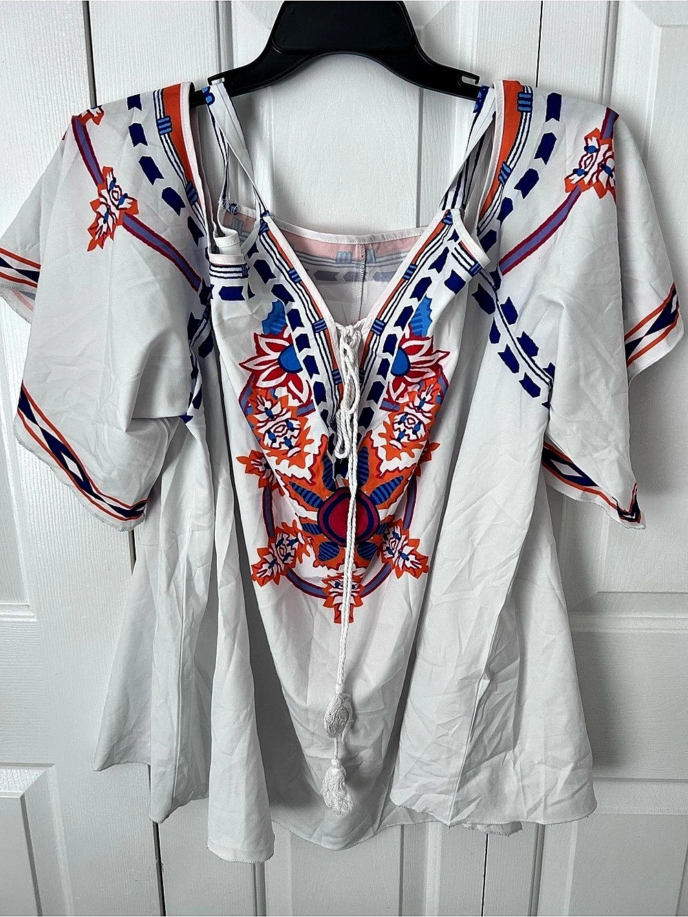 Embroidered Tunic in White & Blue Size 4XL